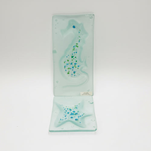 Handmade Coastal Kiln Glass Set | Starfish & Seahorse Dishes Maine Art Glass Decor