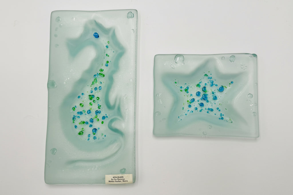 Handmade Coastal Kiln Glass Set | Starfish & Seahorse Dishes Maine Art Glass Decor