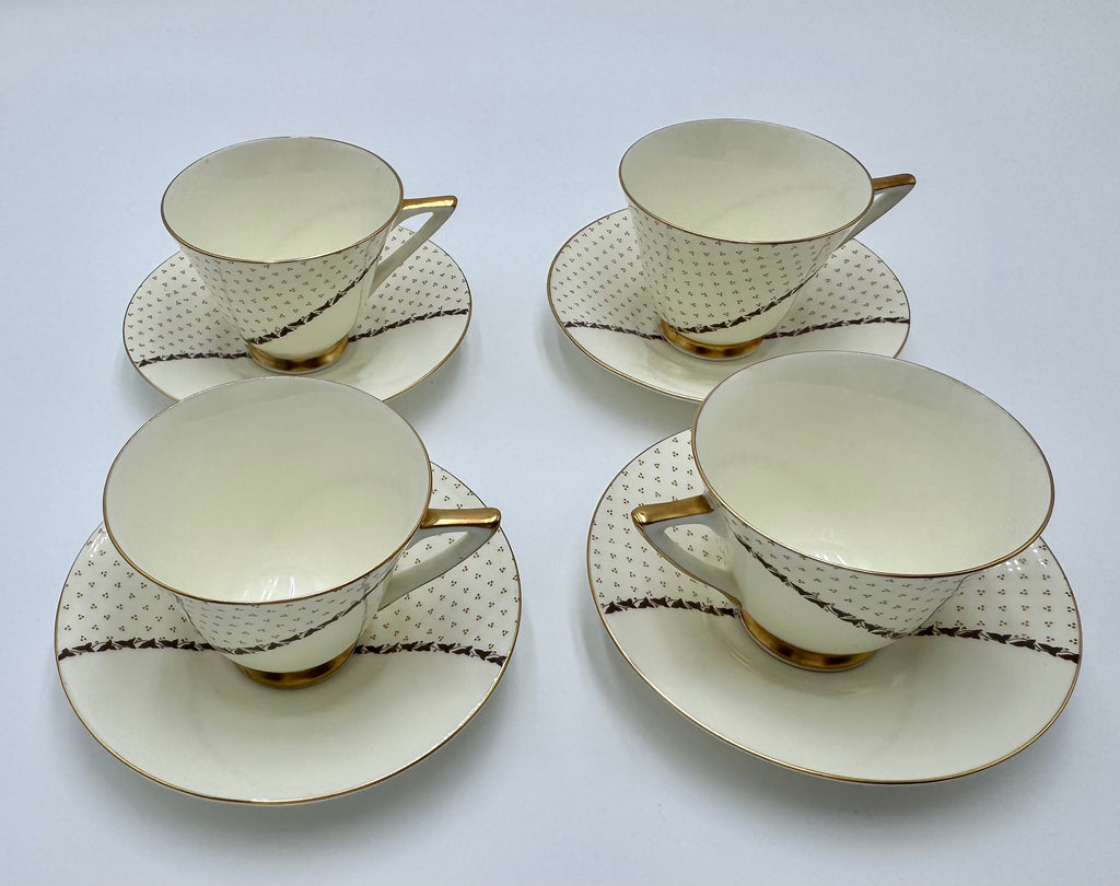 Vintage Royal Doulton Teacups & Saucers Set of 4 | Gold Trim Bone China Tea Set