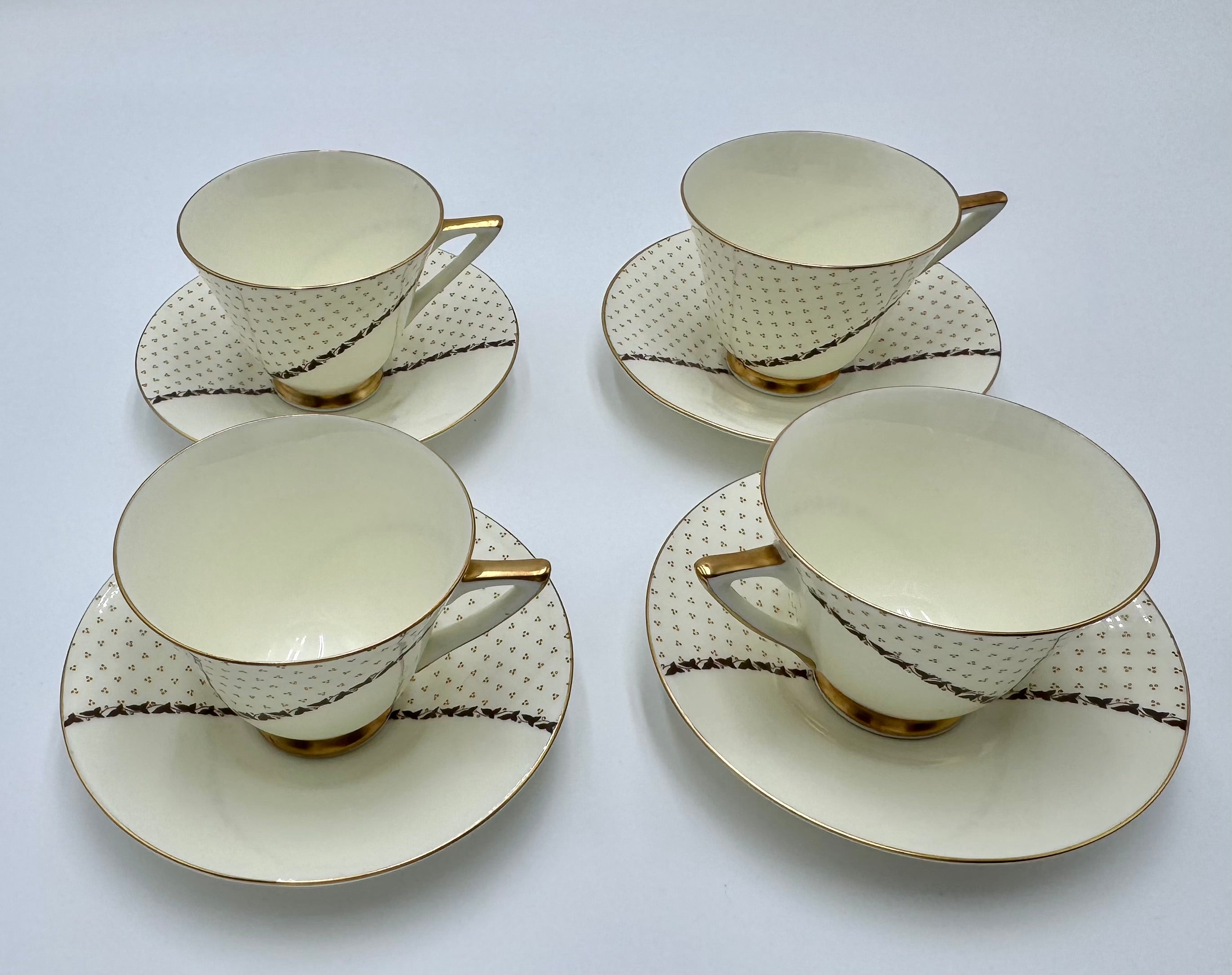 Vintage Royal Doulton Teacups & Saucers Set of 4 | Gold Trim Bone China Tea Set
