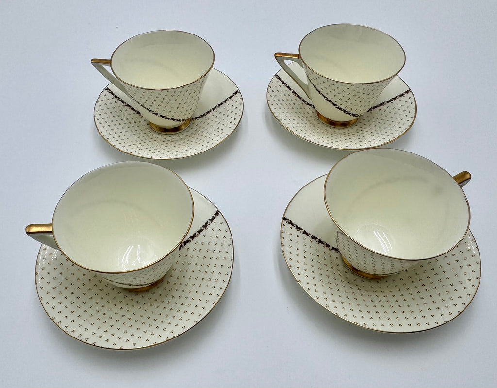 Vintage Royal Doulton Teacups & Saucers Set of 4 | Gold Trim Bone China Tea Set