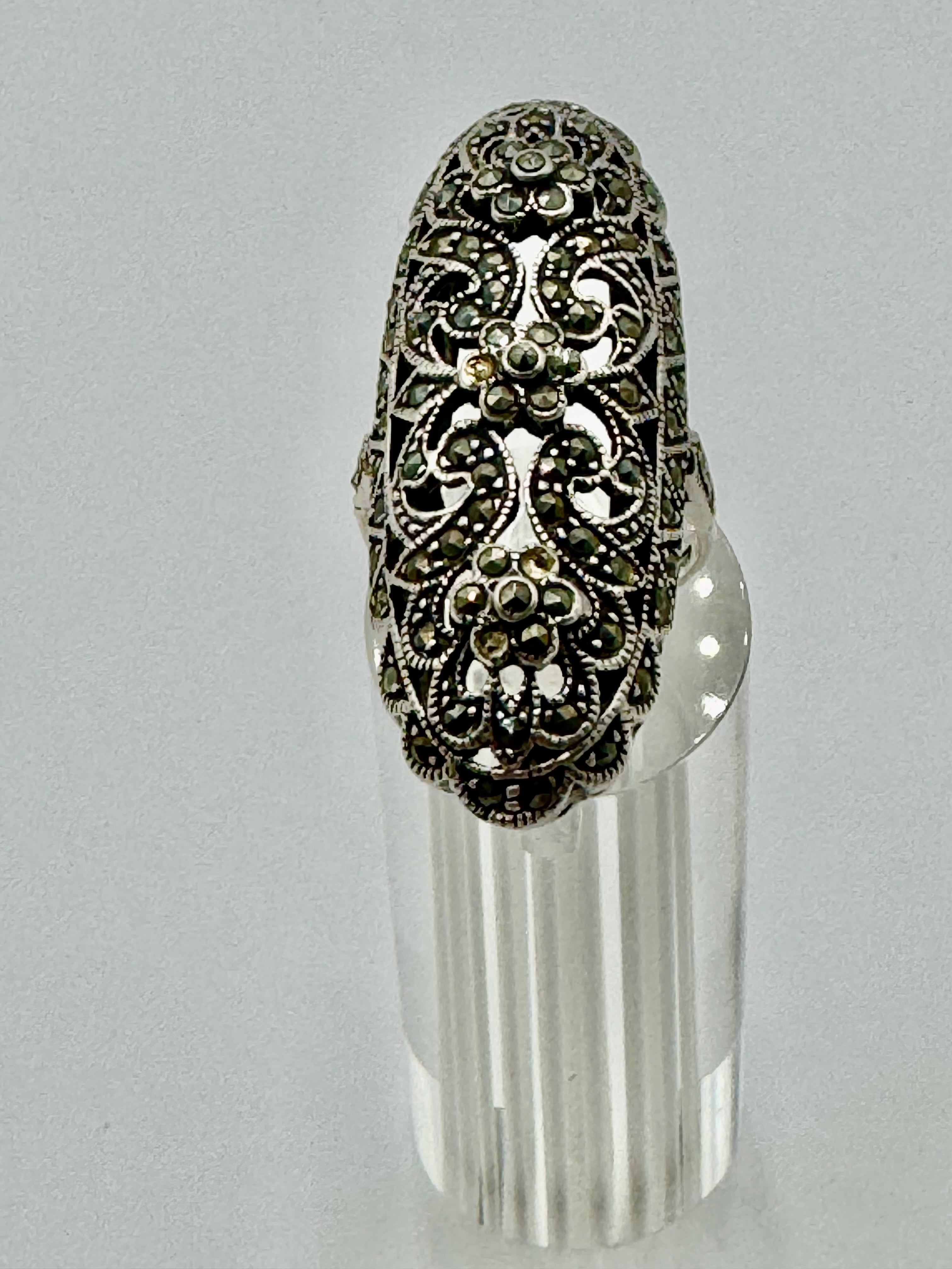 Vintage Sterling Silver Marcasite Filigree Ring – Size 9 Statement Floral Design