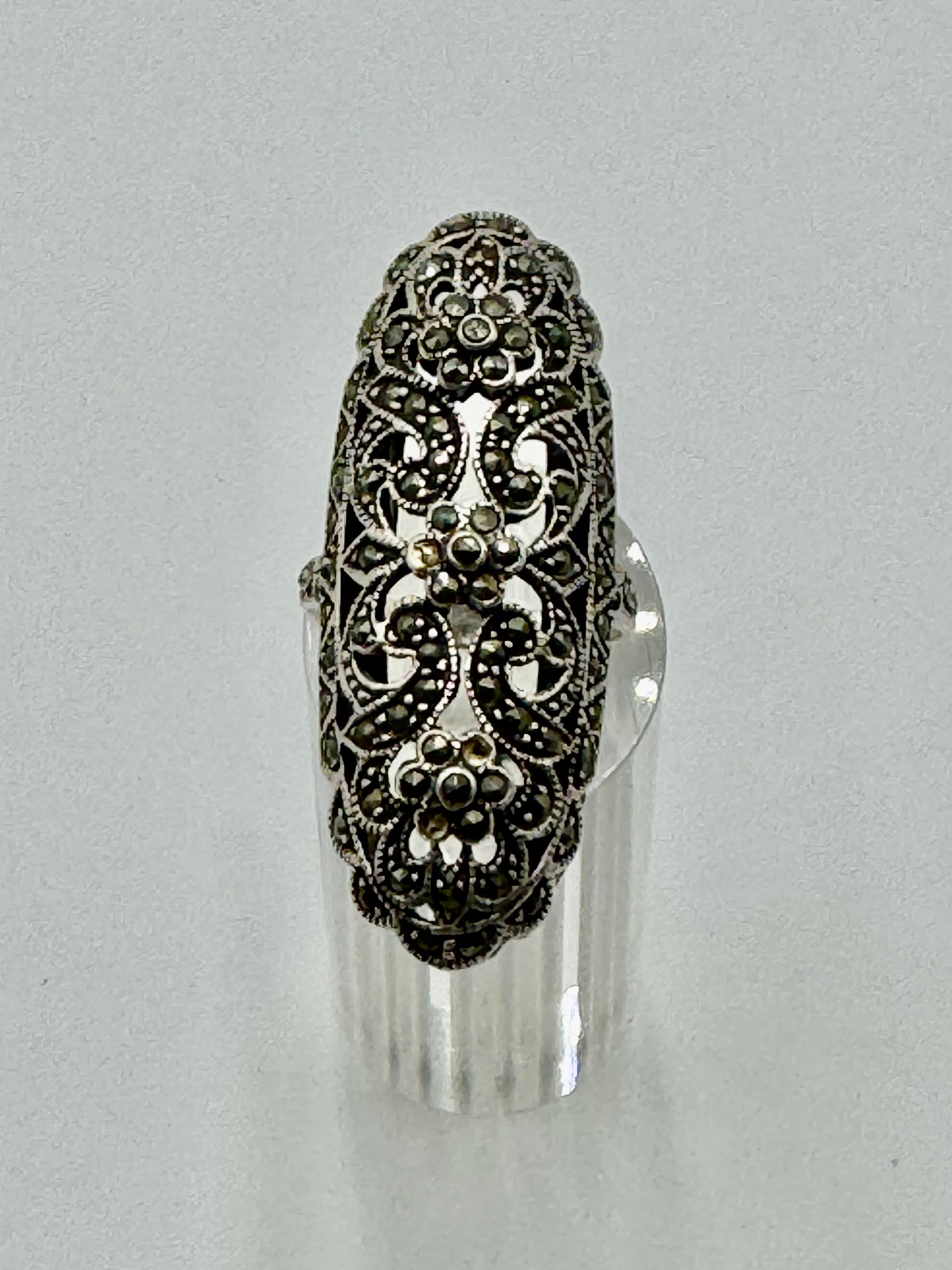 Vintage Sterling Silver Marcasite Filigree Ring – Size 9 Statement Floral Design