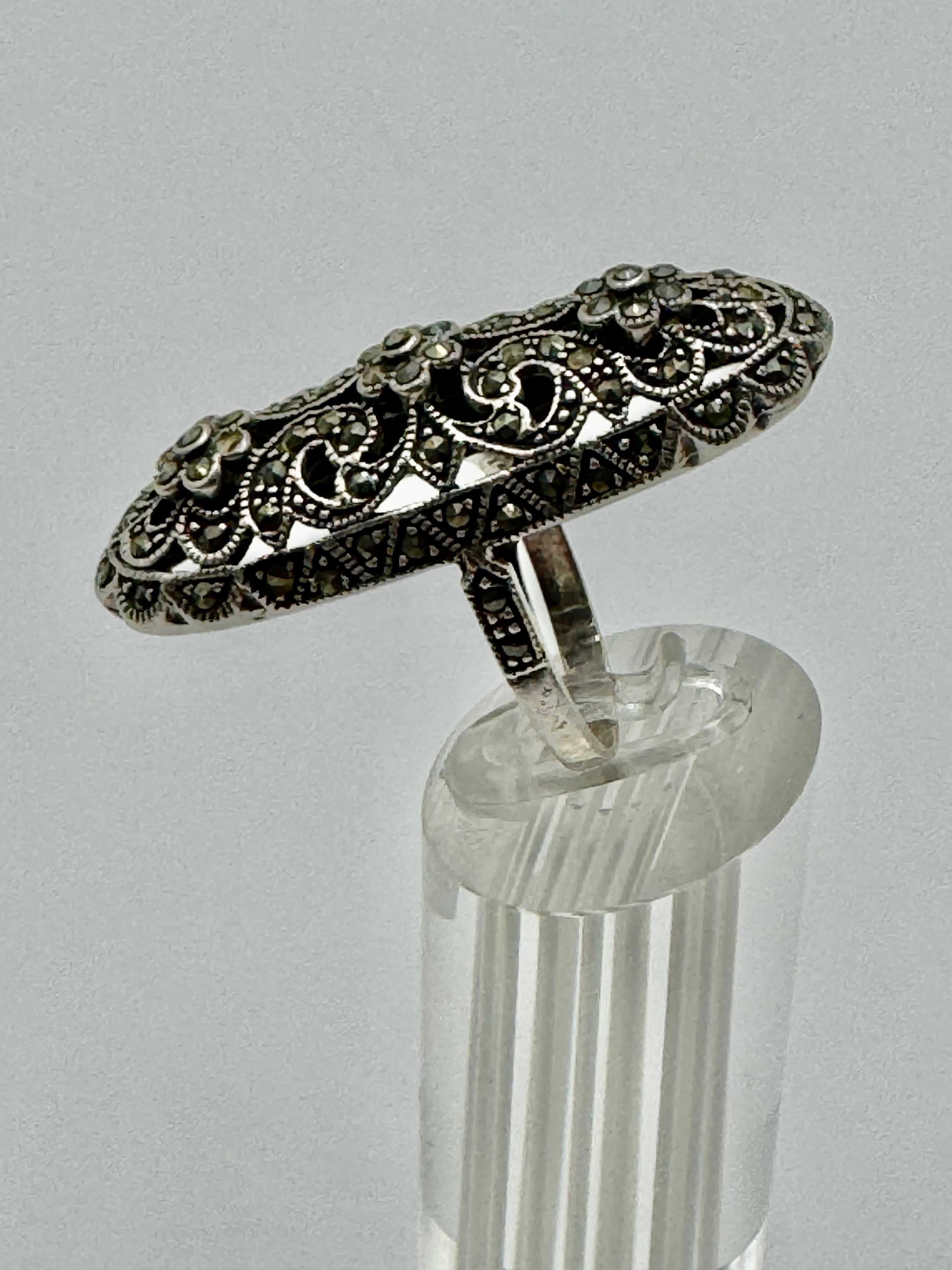 Vintage Sterling Silver Marcasite Filigree Ring – Size 9 Statement Floral Design
