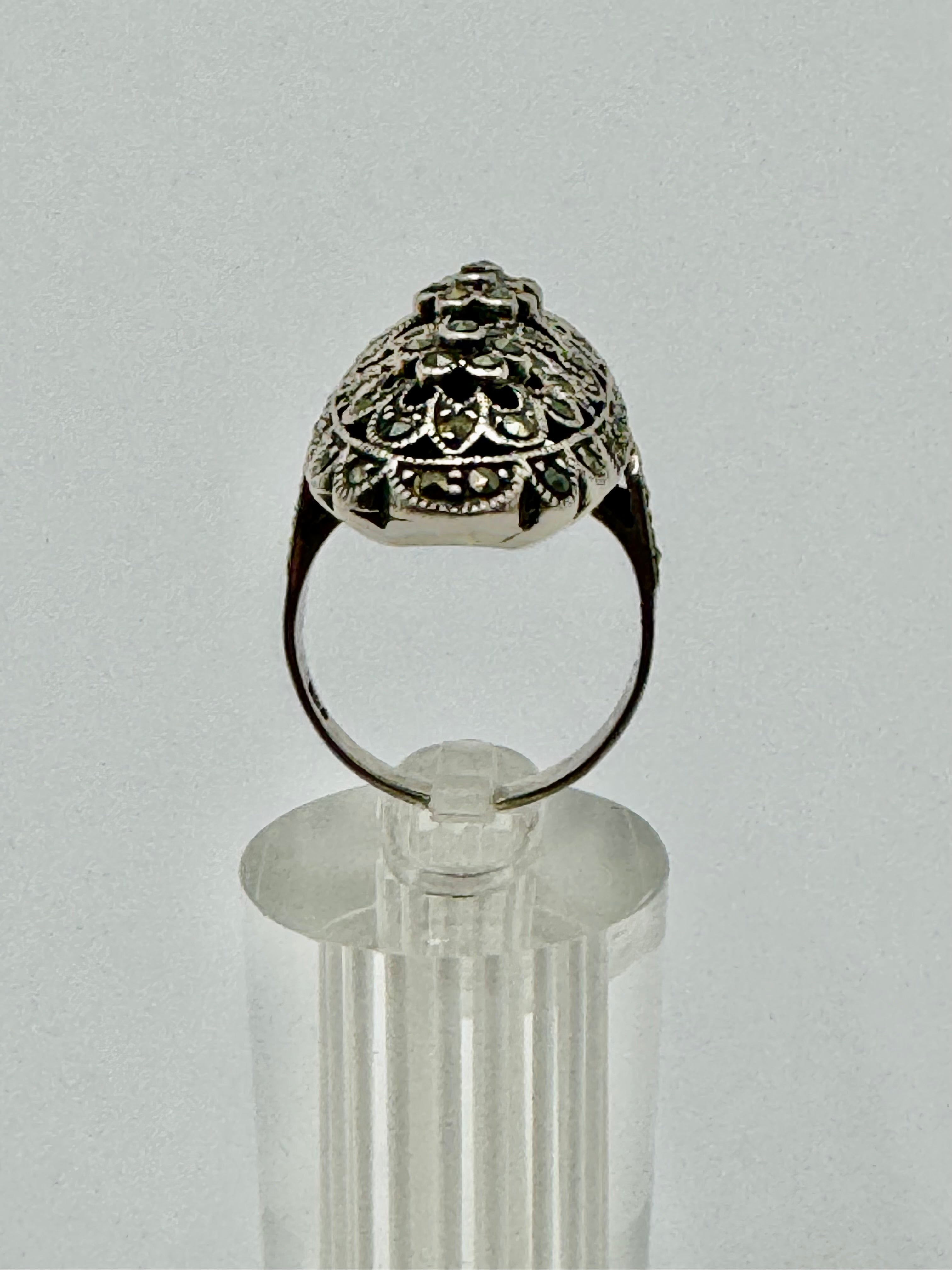 Vintage Sterling Silver Marcasite Filigree Ring – Size 9 Statement Floral Design