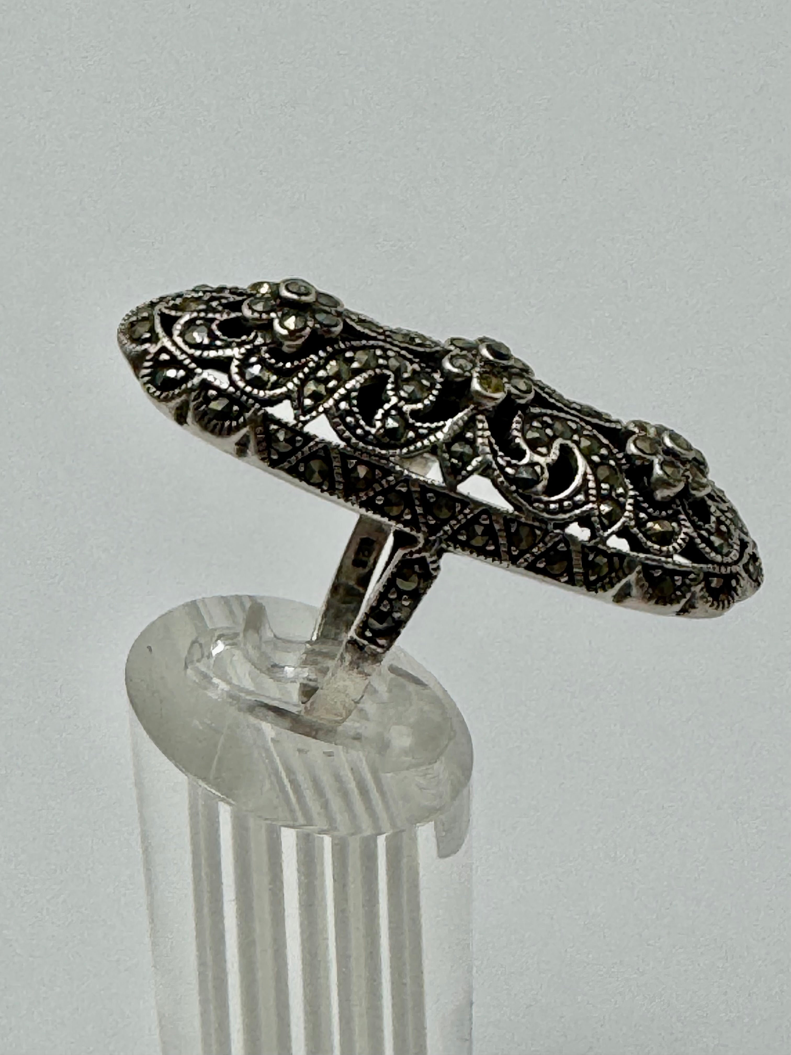 Vintage Sterling Silver Marcasite Filigree Ring – Size 9 Statement Floral Design