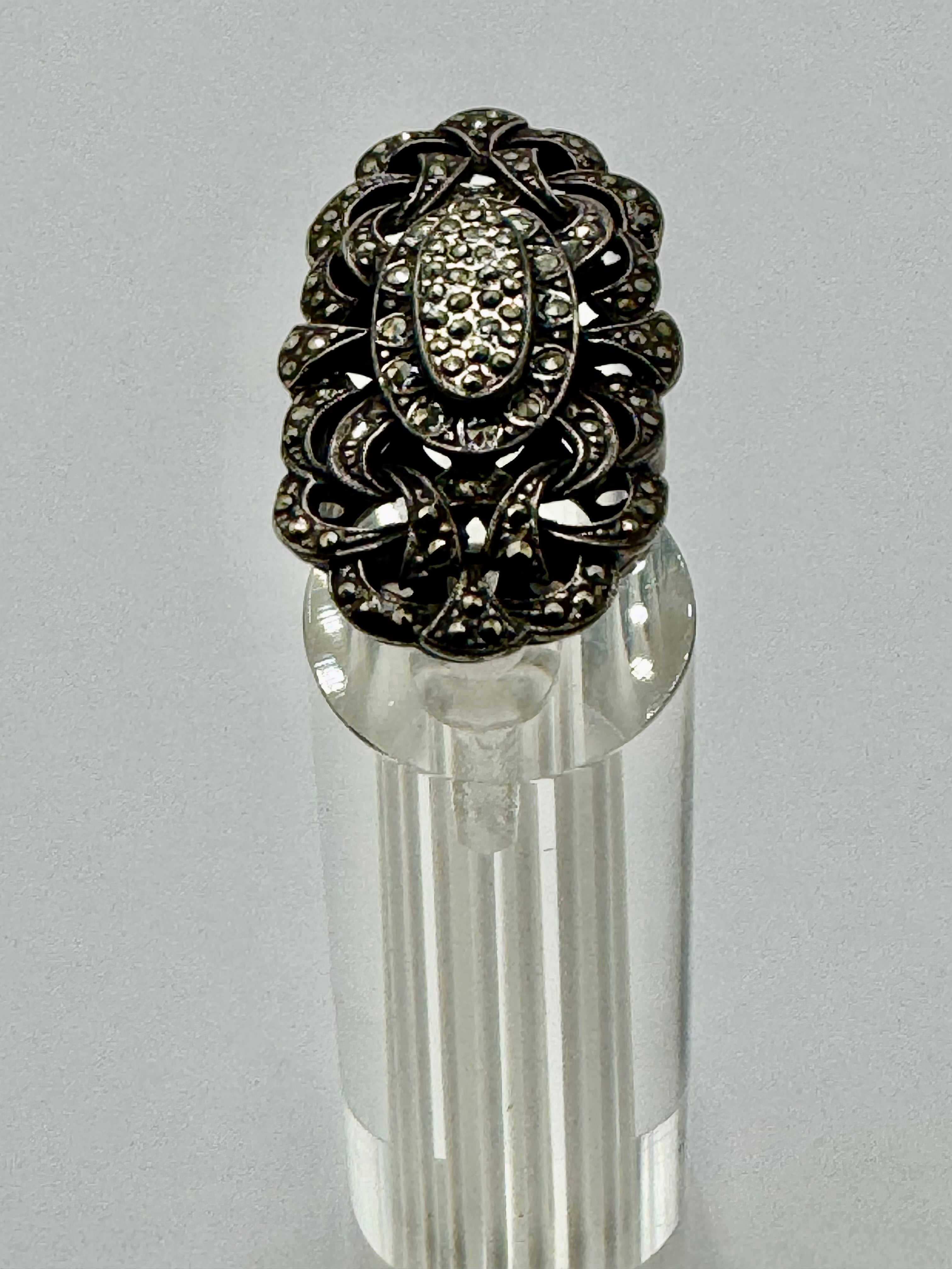 Vintage .925 Sterling Silver Marcasite Filigree Ring – Size 7 Elegant Openwork Design