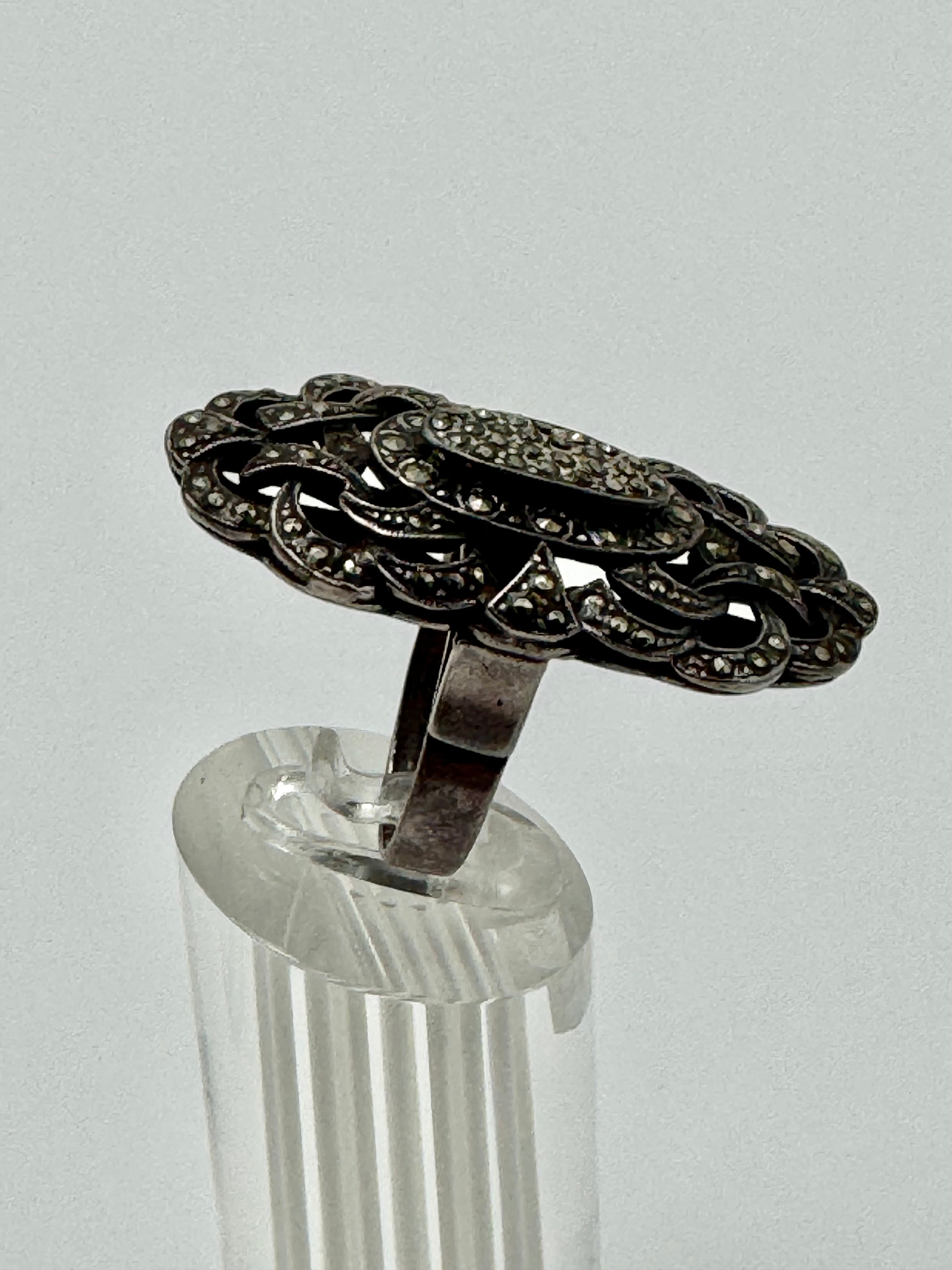 Vintage .925 Sterling Silver Marcasite Filigree Ring – Size 7 Elegant Openwork Design