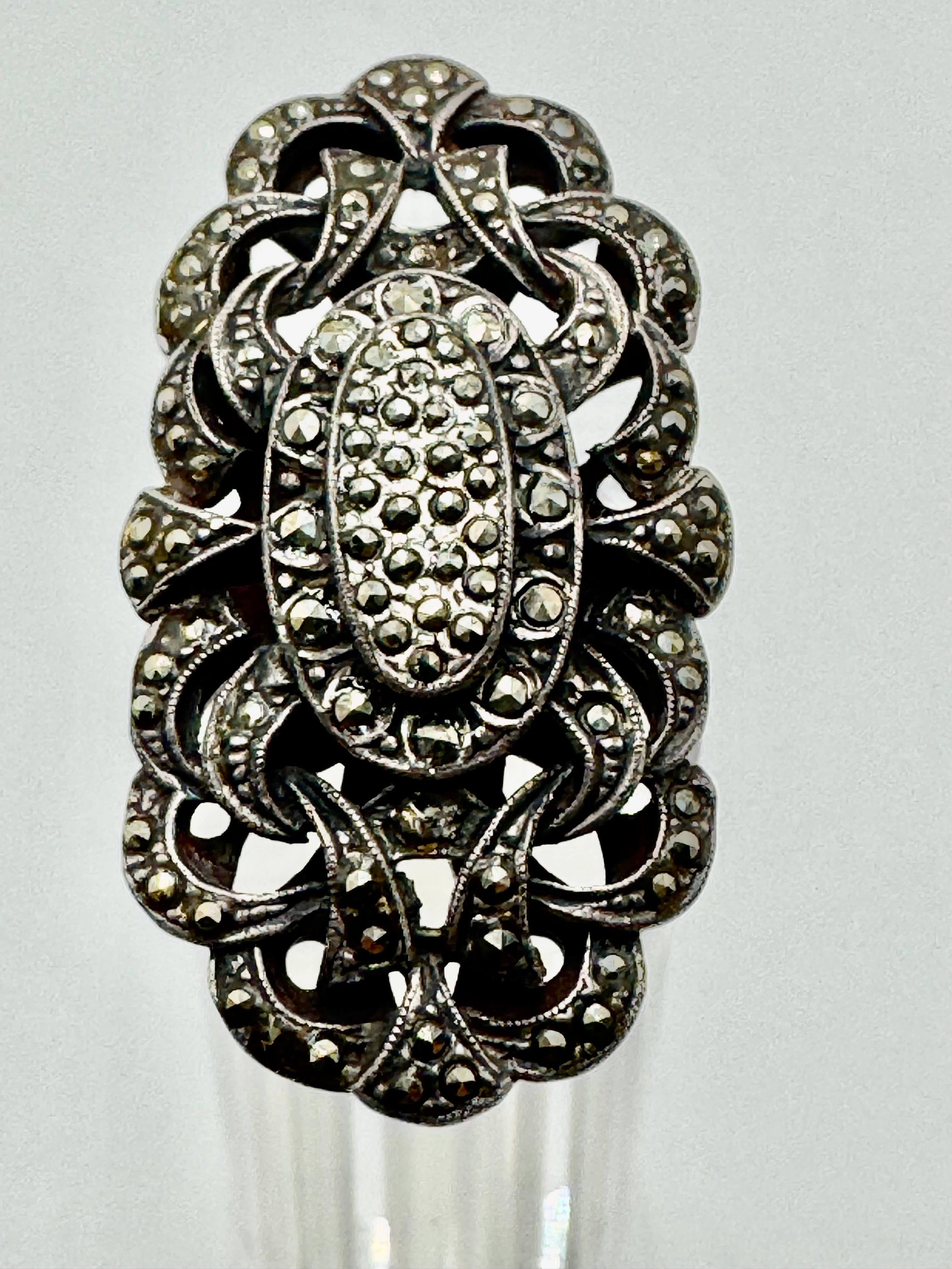 Vintage .925 Sterling Silver Marcasite Filigree Ring – Size 7 Elegant Openwork Design