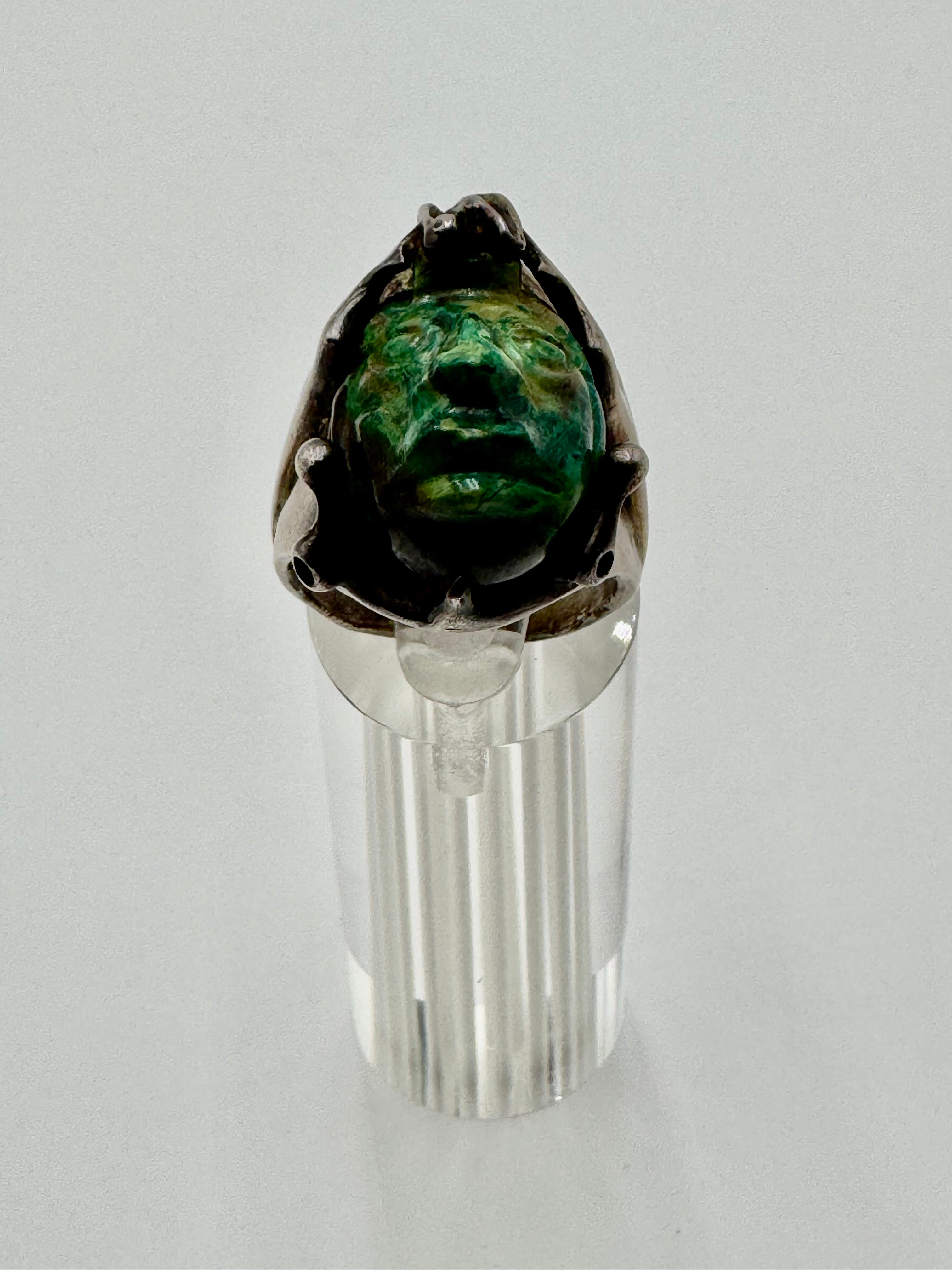 Vintage Taxco Sterling Silver Carved Face Ring – Size 12 | Sculptural Statement Piece