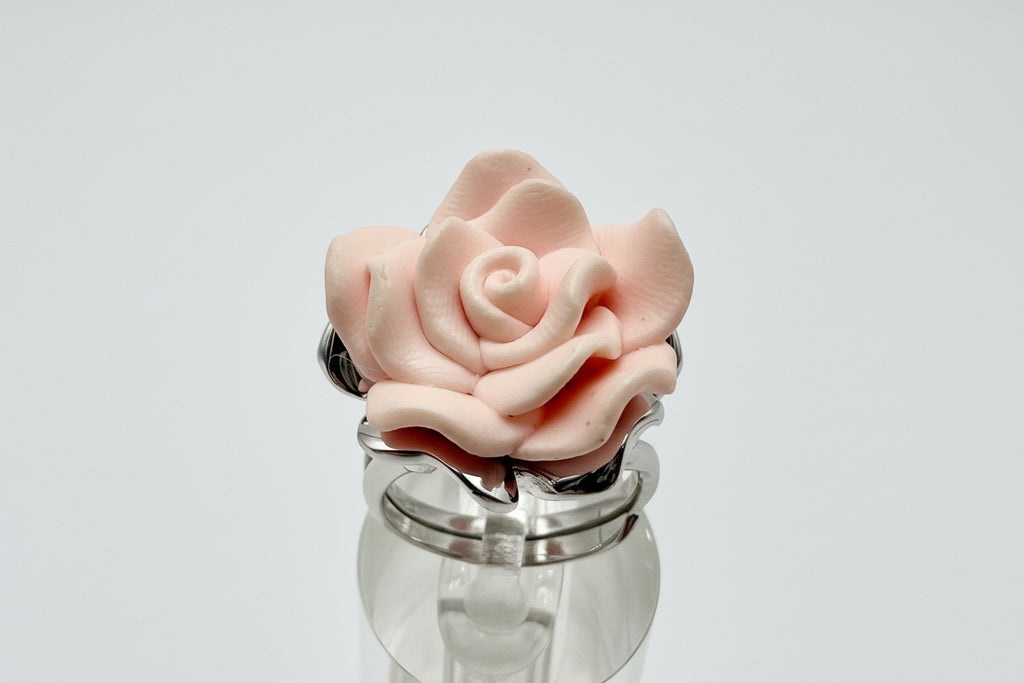 Hand-Carved Pink Rose Ring – Sterling Silver Floral Statement Ring, Size 8