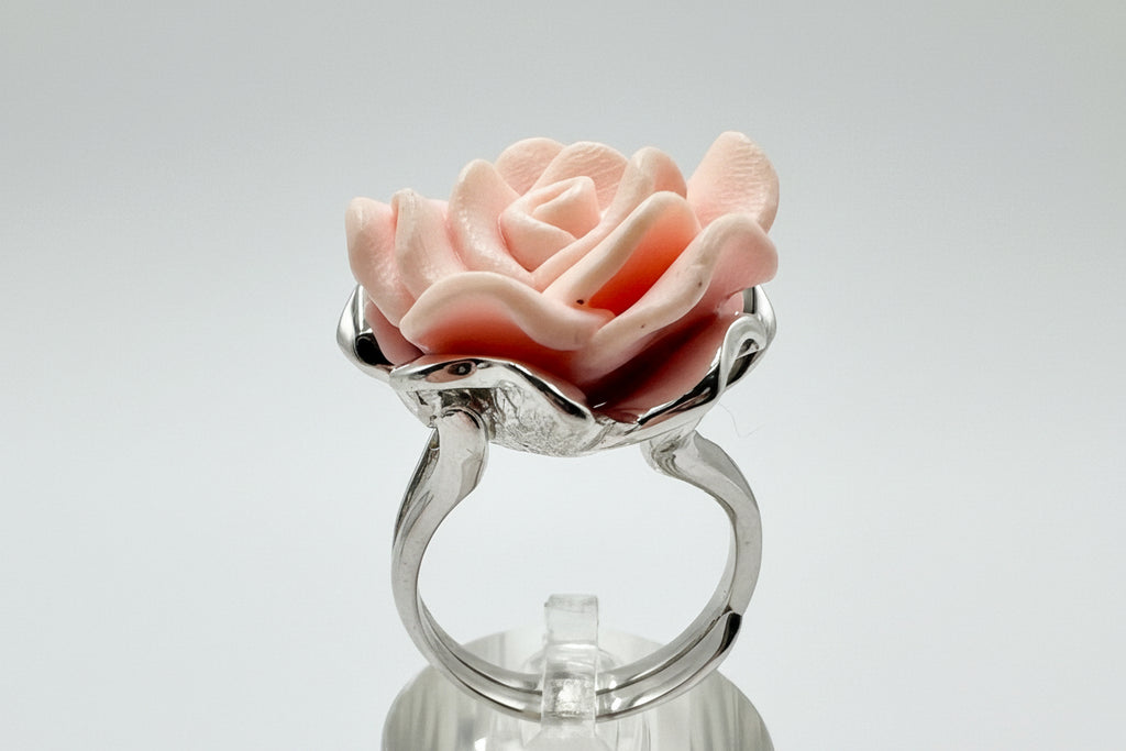 Hand-Carved Pink Rose Ring – Sterling Silver Floral Statement Ring, Size 8