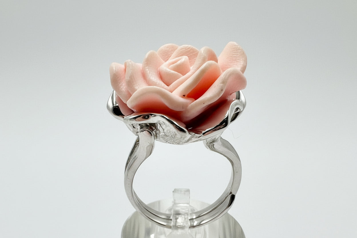 Hand-Carved Pink Rose Ring – Sterling Silver Floral Statement Ring, Size 8