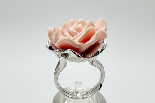 Hand-Carved Pink Rose Ring – Sterling Silver Floral Statement Ring, Size 8