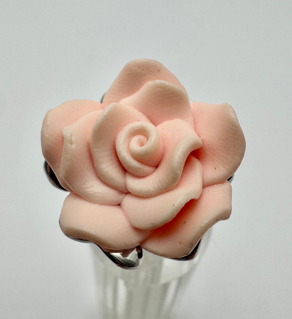 Hand-Carved Pink Rose Ring – Sterling Silver Floral Statement Ring, Size 8