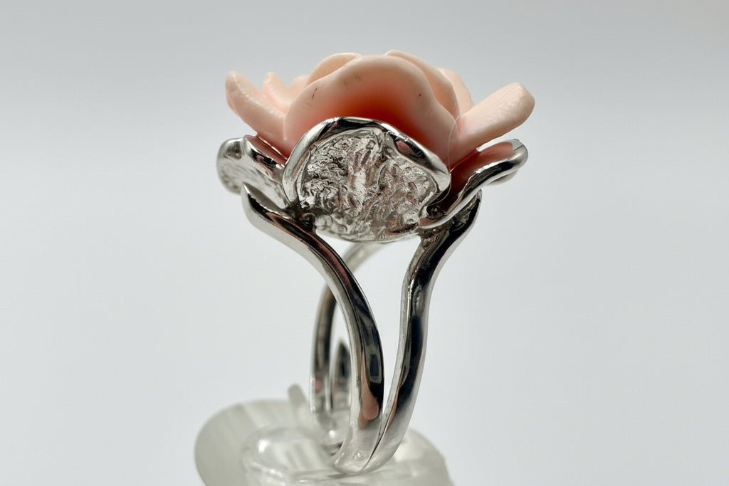 Hand-Carved Pink Rose Ring – Sterling Silver Floral Statement Ring, Size 8