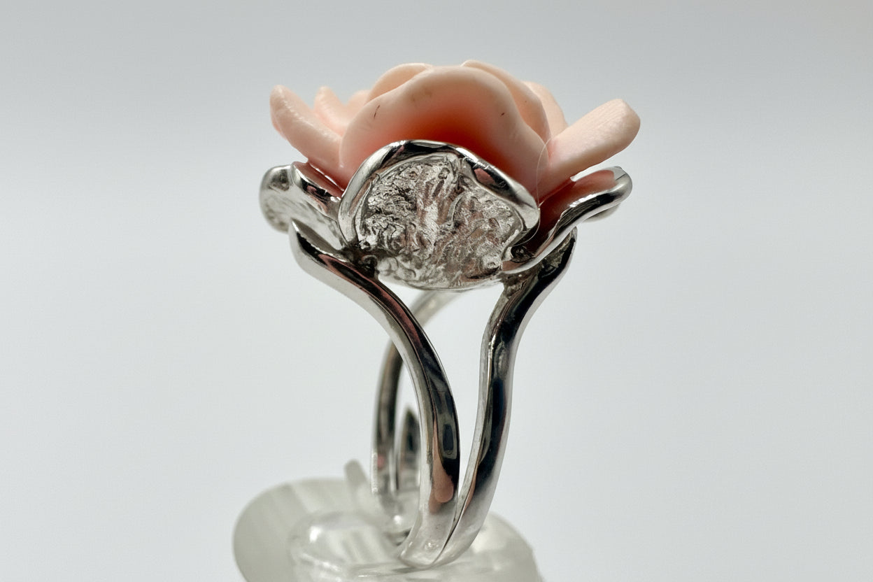 Hand-Carved Pink Rose Ring – Sterling Silver Floral Statement Ring, Size 8