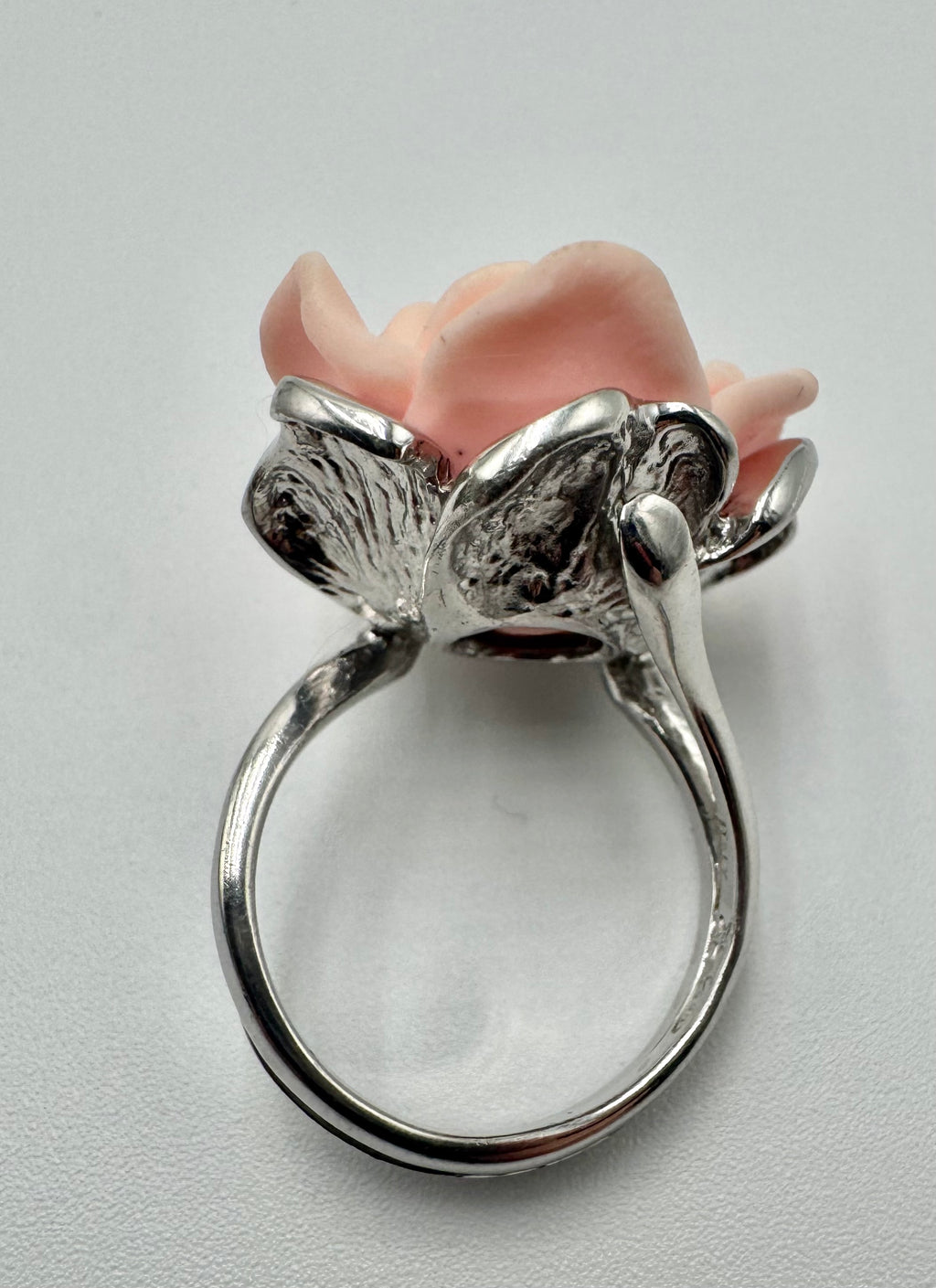 Hand-Carved Pink Rose Ring – Sterling Silver Floral Statement Ring, Size 8