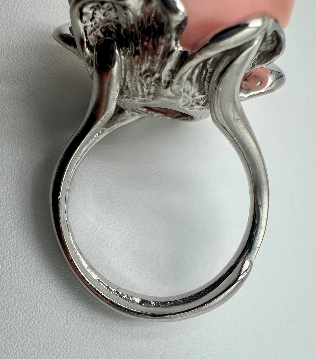 Hand-Carved Pink Rose Ring – Sterling Silver Floral Statement Ring, Size 8