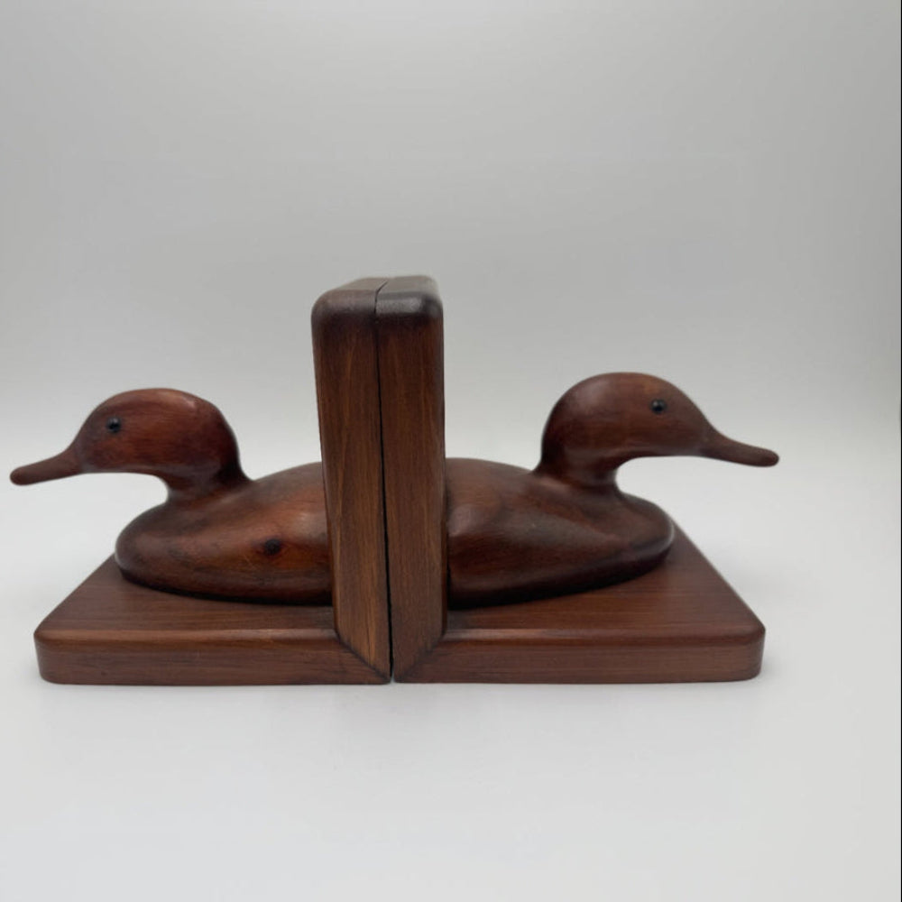 Vintage Hand-Carved Wooden Duck Bookends – Mid Century Style Pair