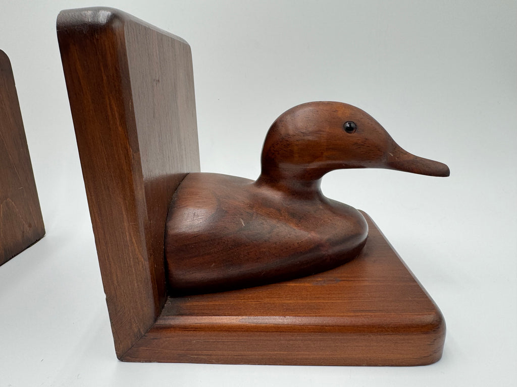 Vintage Hand-Carved Wooden Duck Bookends – Mid Century Style Pair
