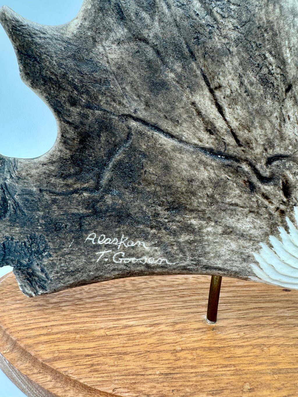 Signed Alaskan T. Goosen Hand-Carved Antler Eagle Sculpture on Wood Base
