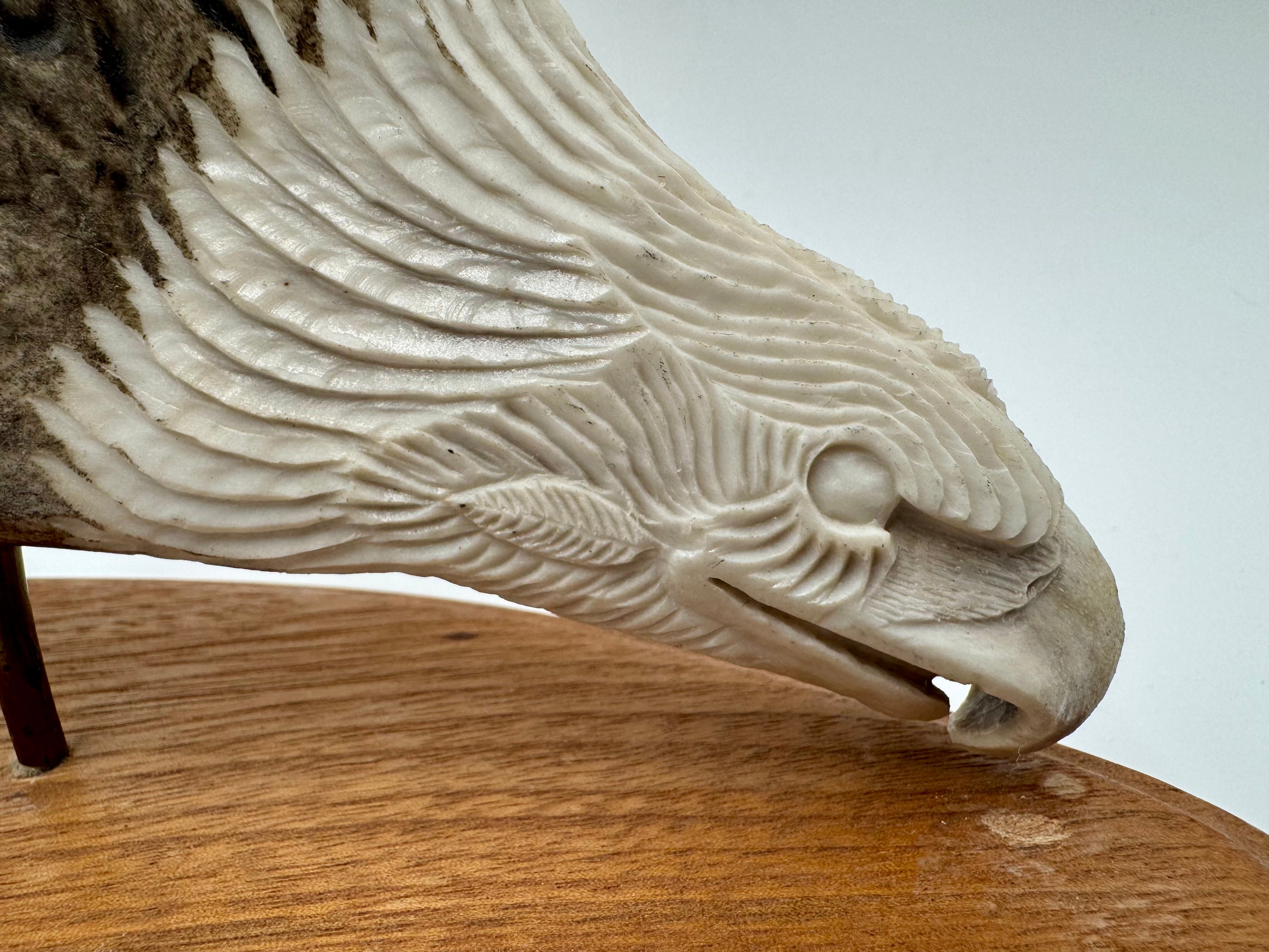 Signed Alaskan T. Goosen Hand-Carved Antler Eagle Sculpture on Wood Base