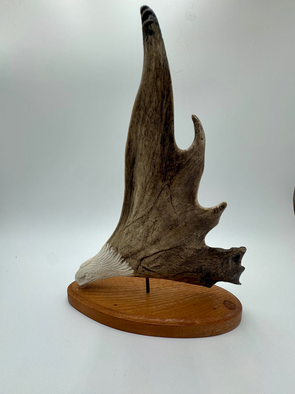 Signed Alaskan T. Goosen Hand-Carved Antler Eagle Sculpture on Wood Base