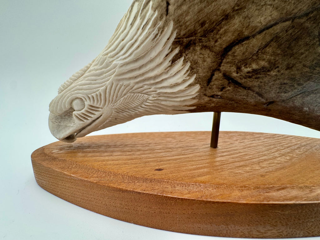 Signed Alaskan T. Goosen Hand-Carved Antler Eagle Sculpture on Wood Base