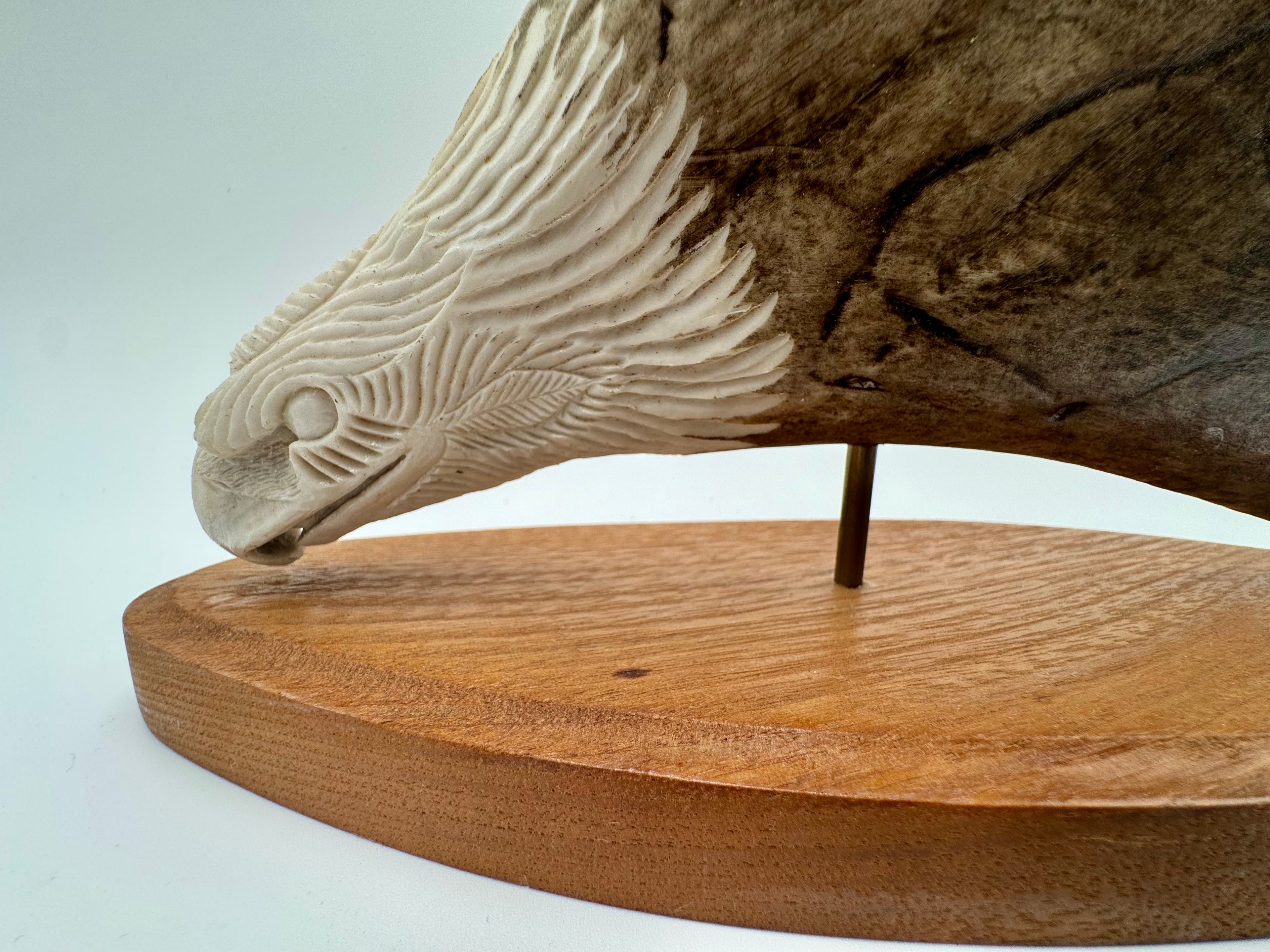 Signed Alaskan T. Goosen Hand-Carved Antler Eagle Sculpture on Wood Base