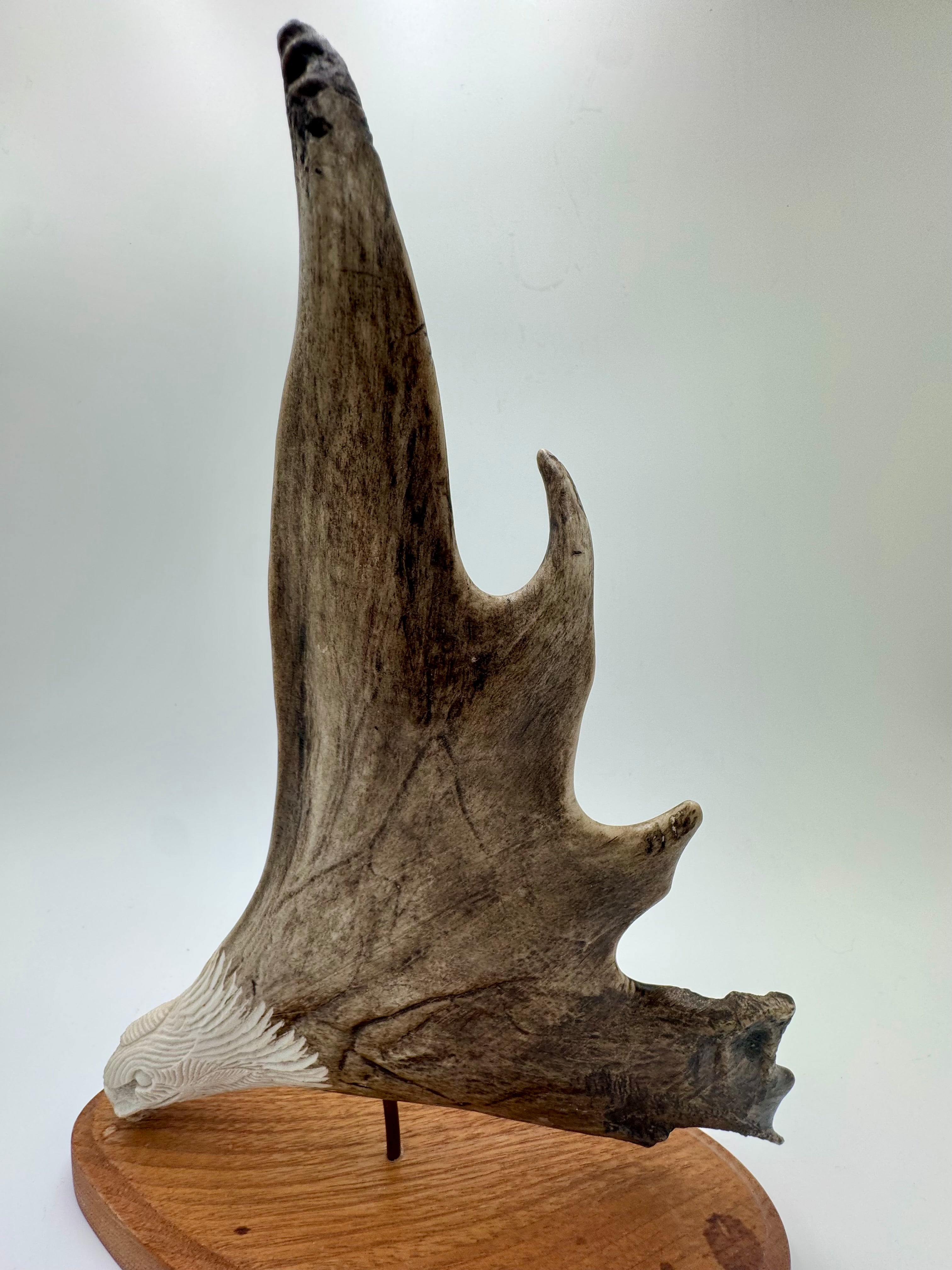 Signed Alaskan T. Goosen Hand-Carved Antler Eagle Sculpture on Wood Base
