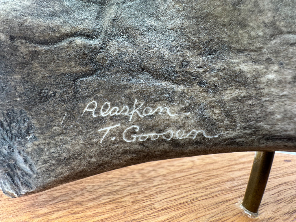Signed Alaskan T. Goosen Hand-Carved Antler Eagle Sculpture on Wood Base