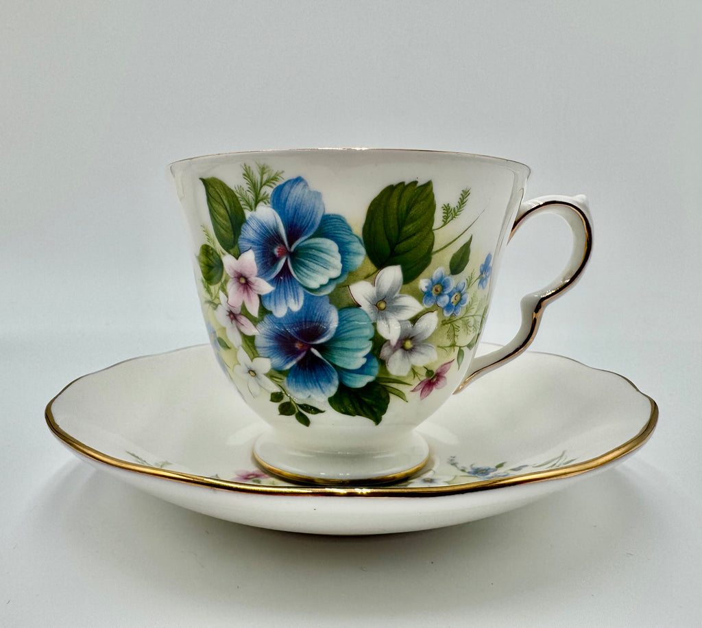 Vintage Queen Anne Bone China Teacup & Saucer – Blue Floral Pattern – Made in England