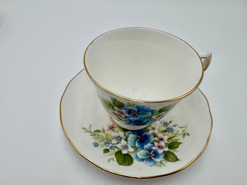Vintage Queen Anne Bone China Teacup & Saucer – Blue Floral Pattern – Made in England