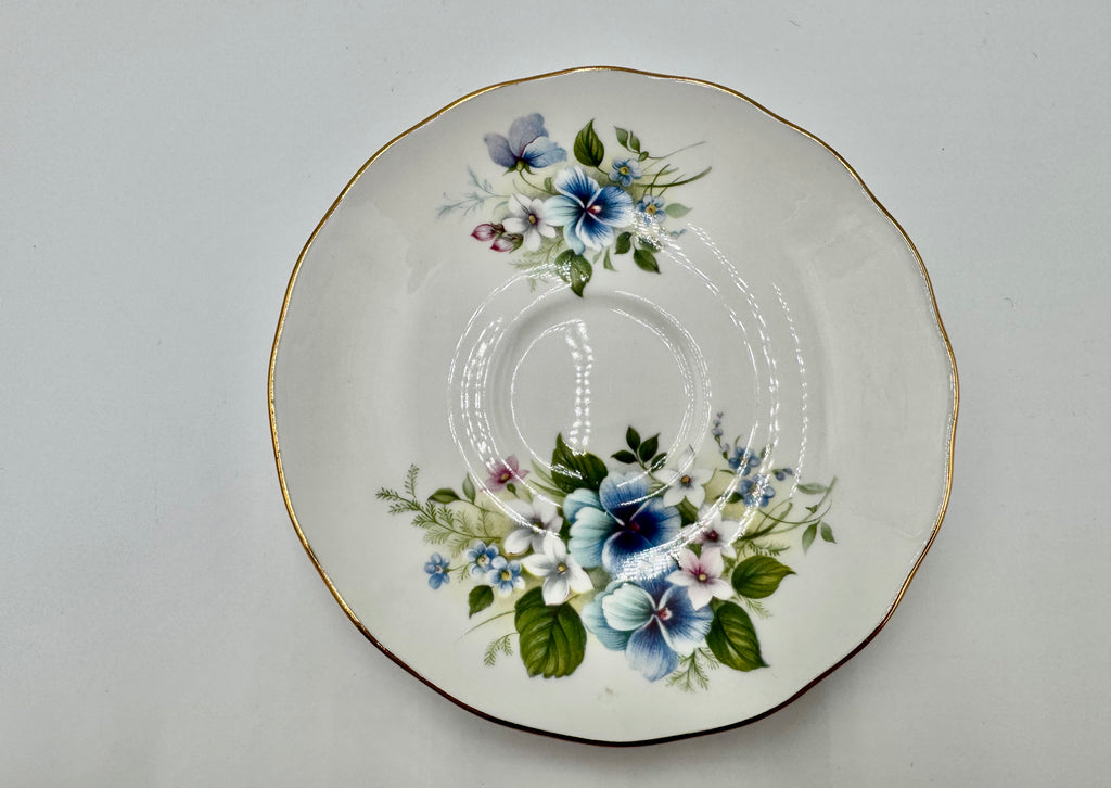 Vintage Queen Anne Bone China Teacup & Saucer – Blue Floral Pattern – Made in England