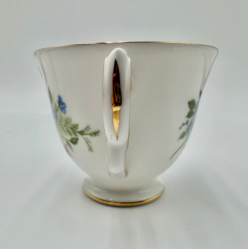 Vintage Queen Anne Bone China Teacup & Saucer – Blue Floral Pattern – Made in England
