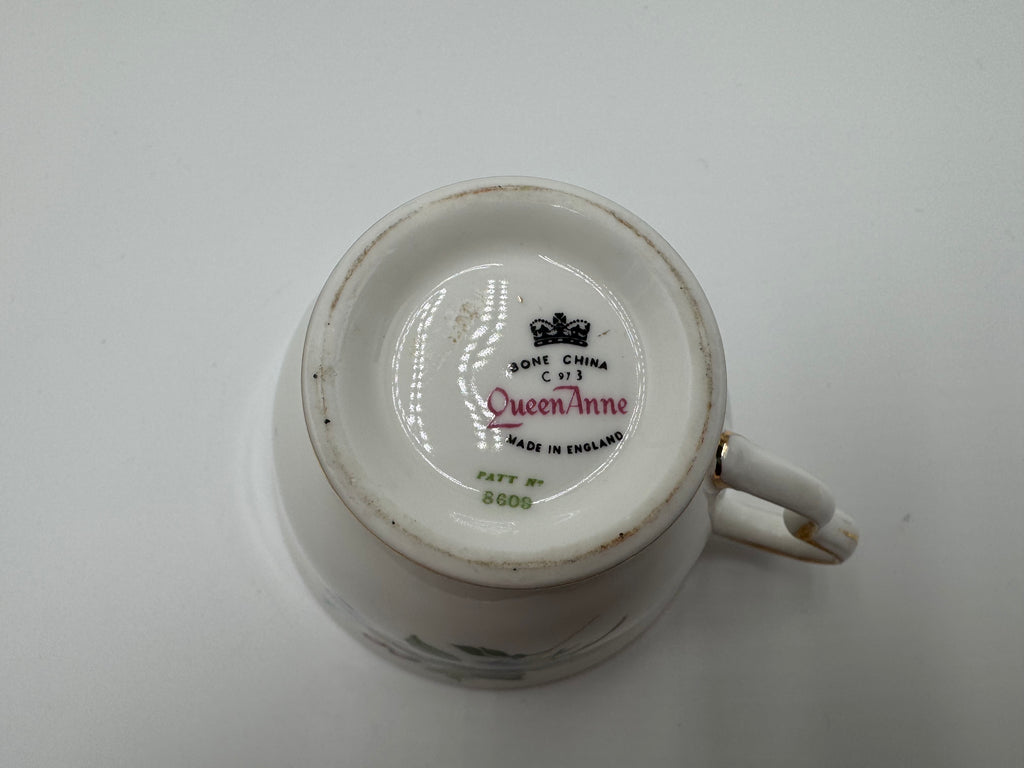 Vintage Queen Anne Bone China Teacup & Saucer – Blue Floral Pattern – Made in England
