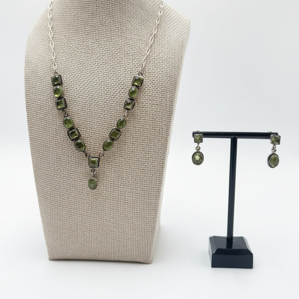 Vintage Sterling Silver & Genuine Peridot Necklace and Earring Set