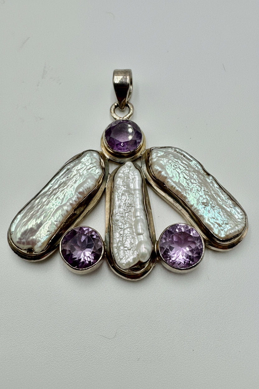 Sterling Silver Amethyst & Freshwater Pearl Fan Pendant
