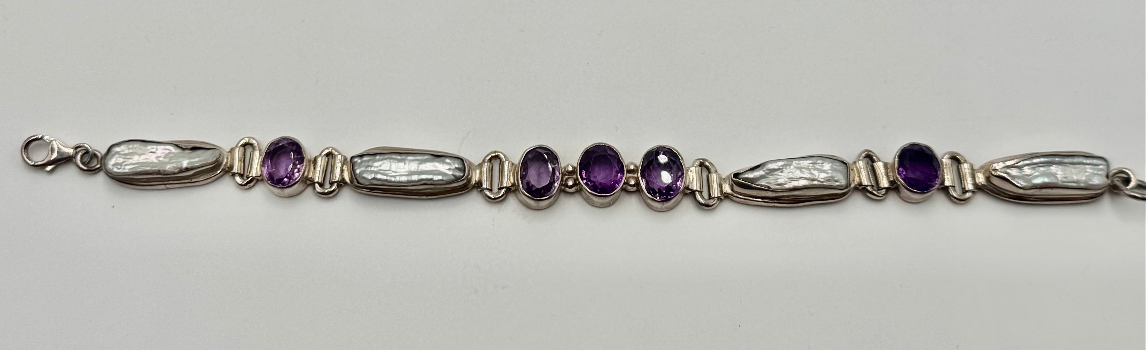 Sterling Silver Amethyst & Freshwater Pearl Bracelet