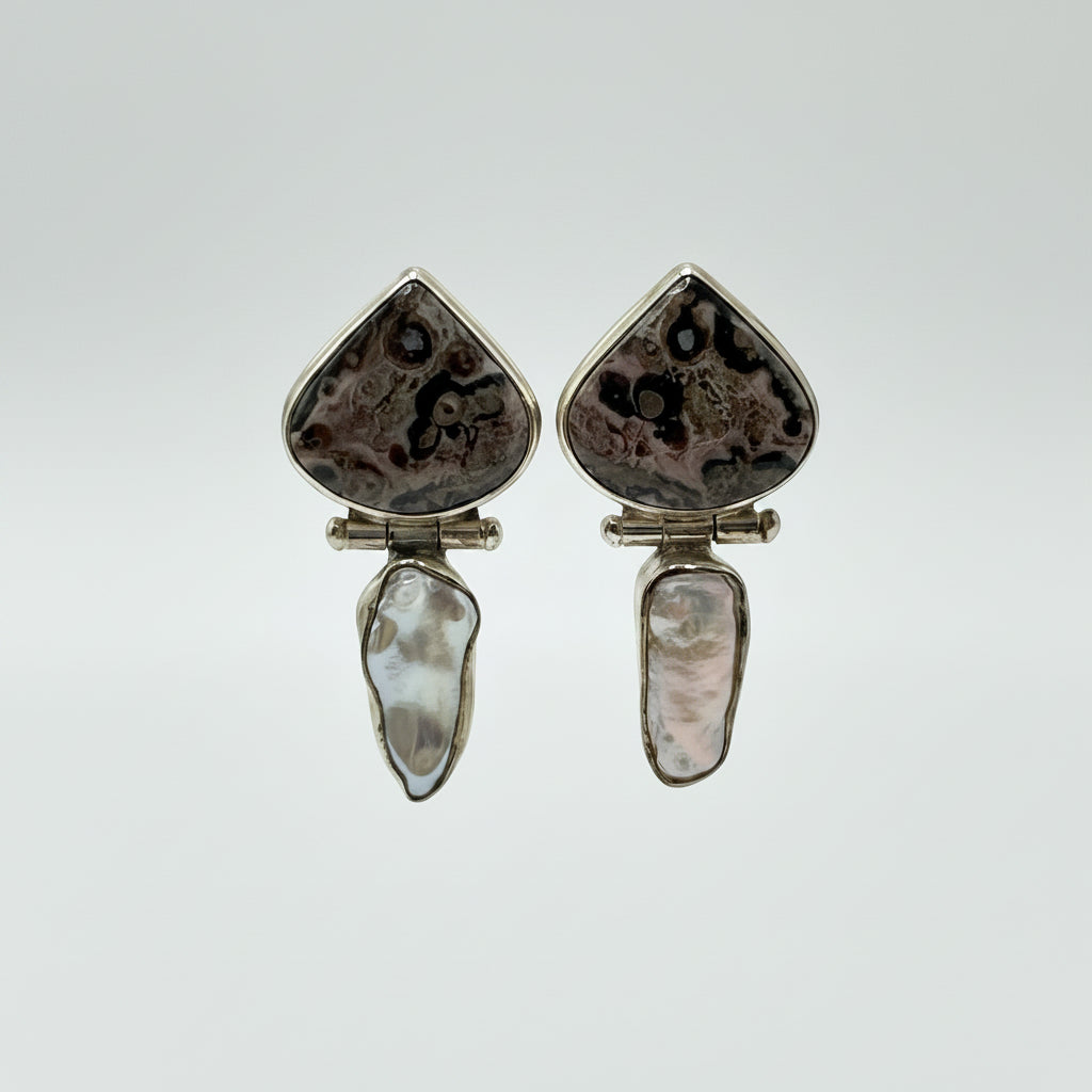 Sterling Silver Leopard Skin Jasper & Freshwater Pearl Drop Earrings