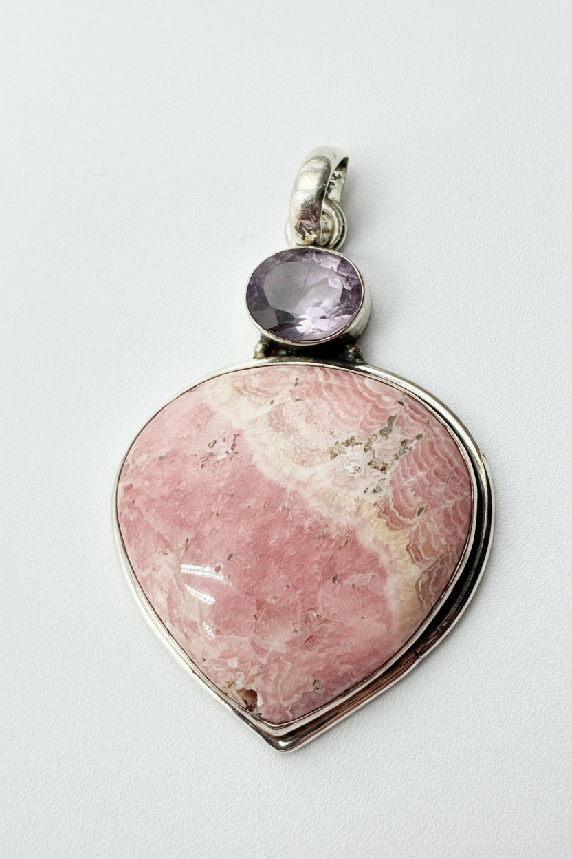 Sterling Silver Pink Jasper & Amethyst Heart Pendant