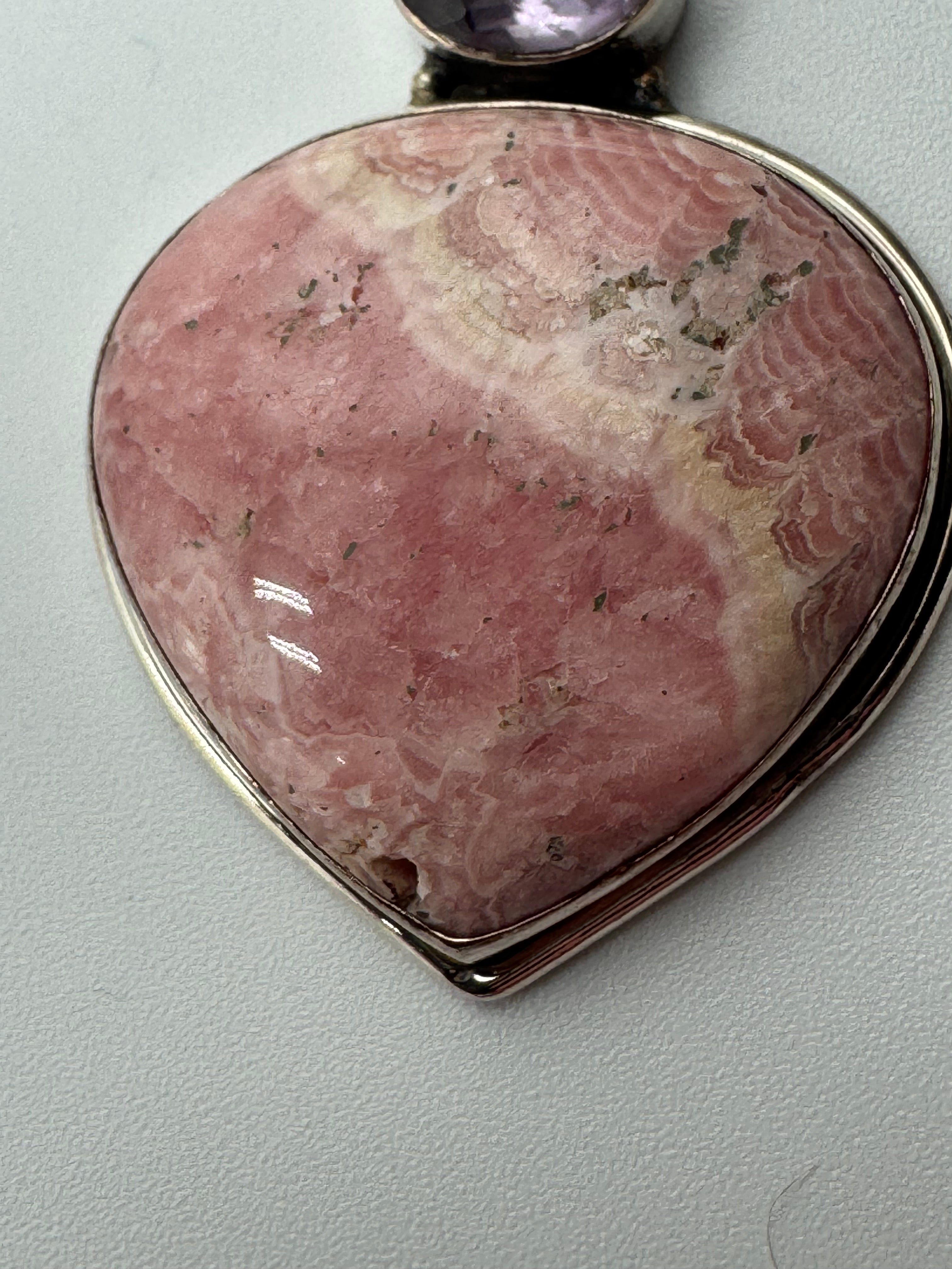 Sterling Silver Pink Jasper & Amethyst Heart Pendant