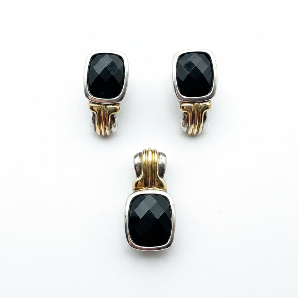 Lorenzo Sterling Silver, 18K Gold & Black Onyx Pendant and Earring Set with Original Paperwork