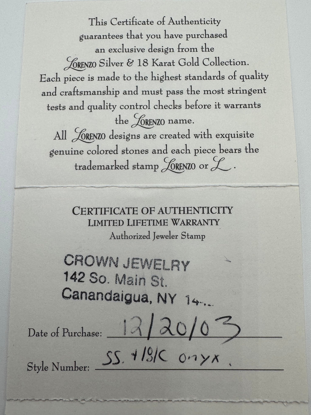 Lorenzo Sterling Silver, 18K Gold & Black Onyx Pendant and Earring Set with Original Paperwork